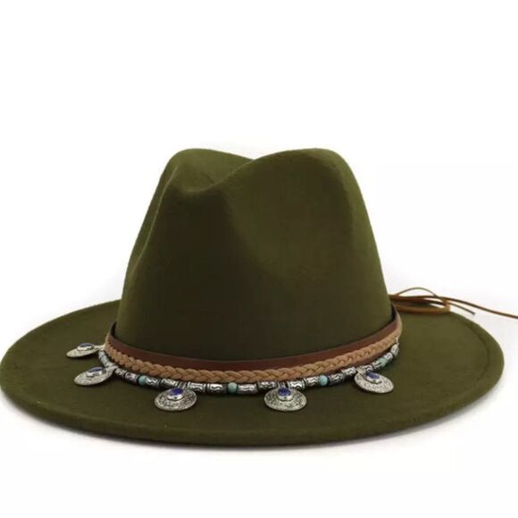 Khaki Green Metal Colorful Medallion Leather Band Wide Brim Fedora Hat NEW - Picture 1 of 3